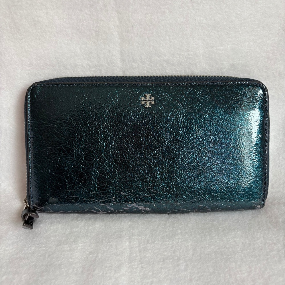 Tory Burch Metallic Teal Patent Leather Zip Around Continental Wallet